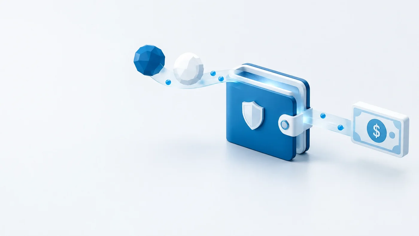 Abstract blue digital asset tokens moving through a secure smart wallet into a cash tile