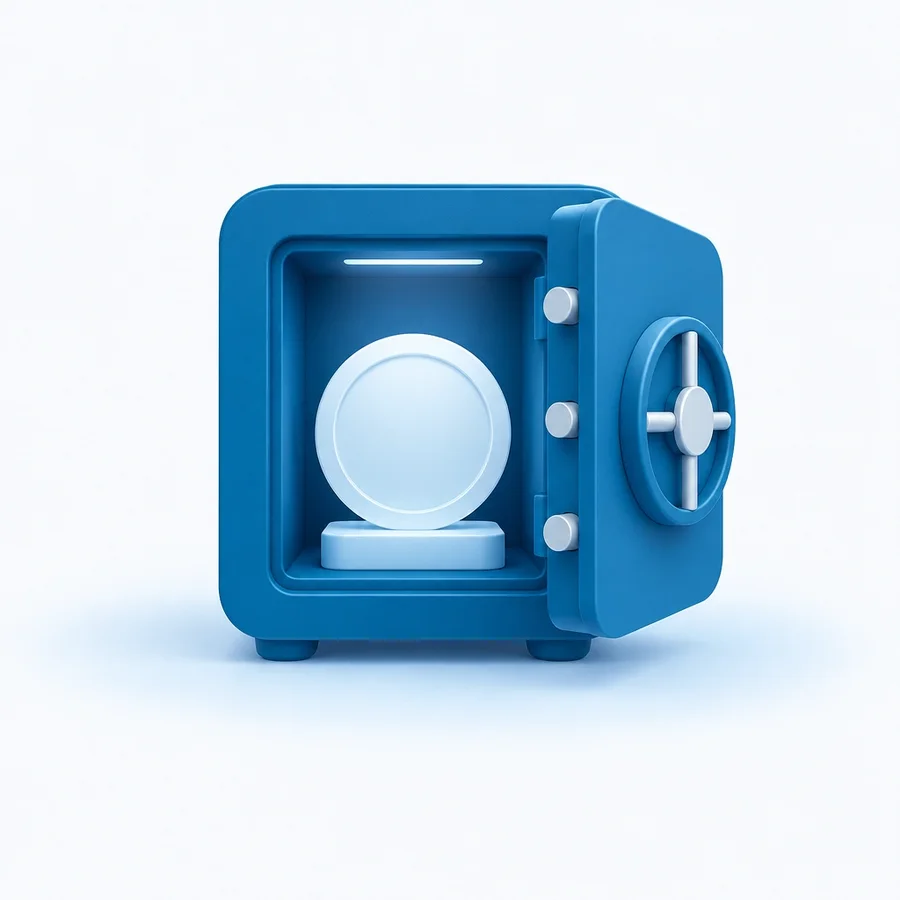 Blue geometric vault holding an unmarked digital collateral token